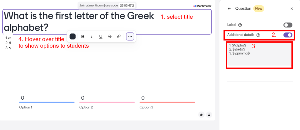 Mentimeter screenshot showing the title with Additional details option selected and the corresponding box populated.