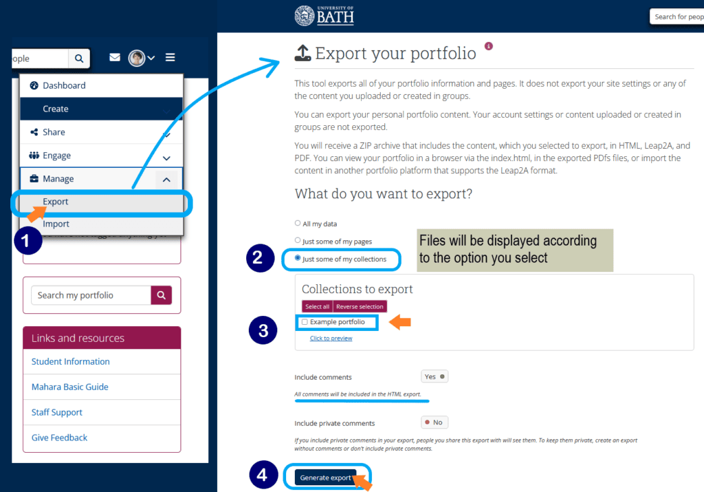 screenshot how to export a portfolio