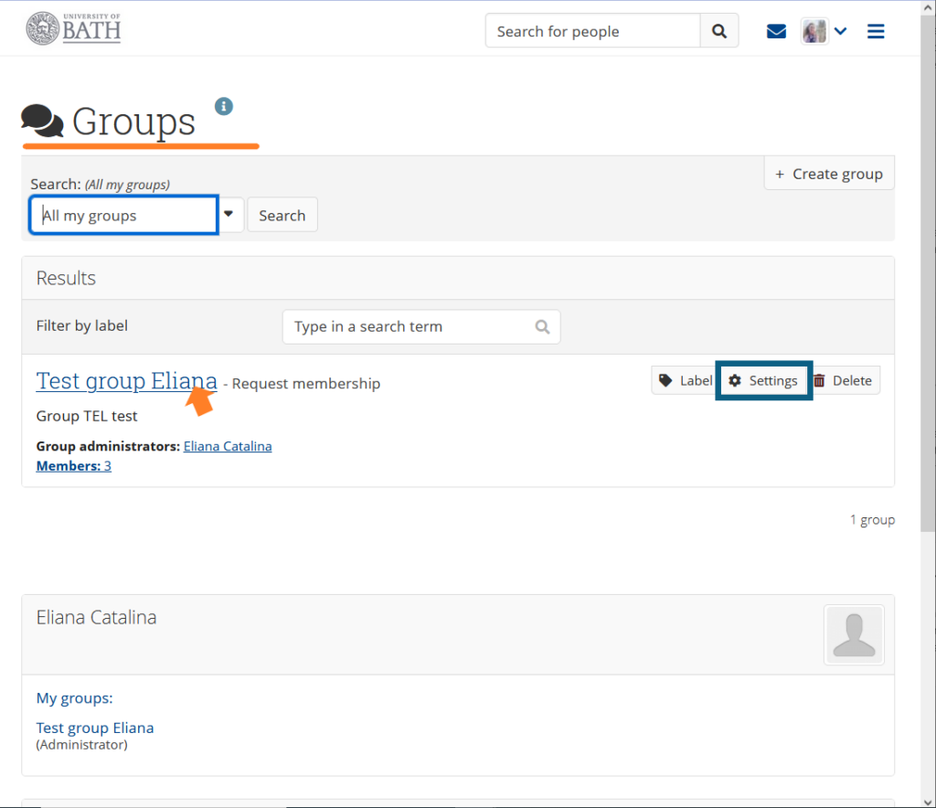 Screenshot that shows how to find a group and highlights where the settings button is. 