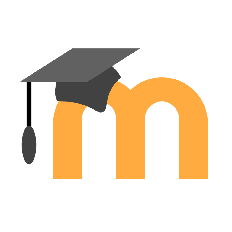 Moodle logo - a large orange M letter wearing an acadmic cap.