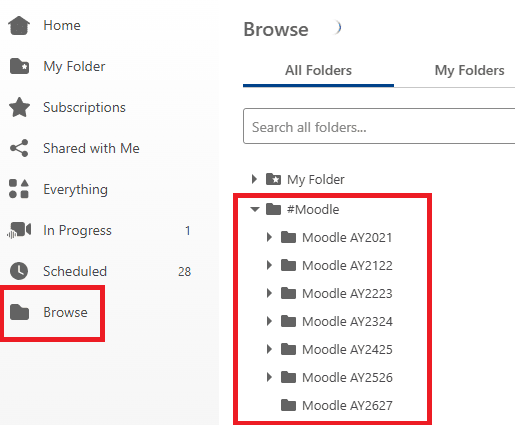 Moodle folders in Panopto when Browse is selected