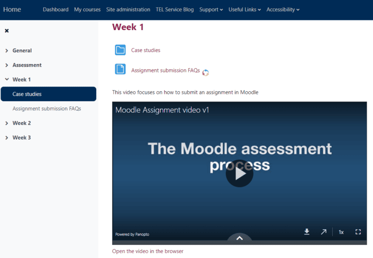 Screenshot showing a video embedded in Moodle with link underneath.