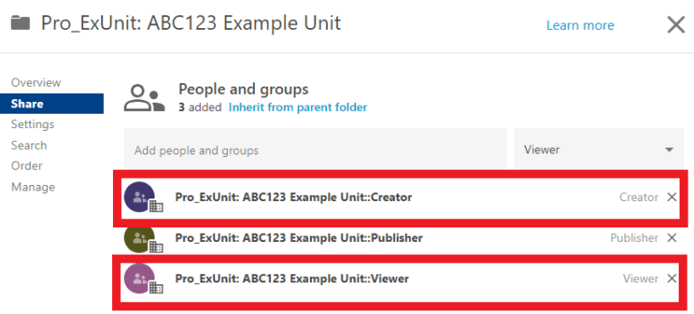 Moodle-linked folder permissions with Creator and Viewer permissions highlighted.