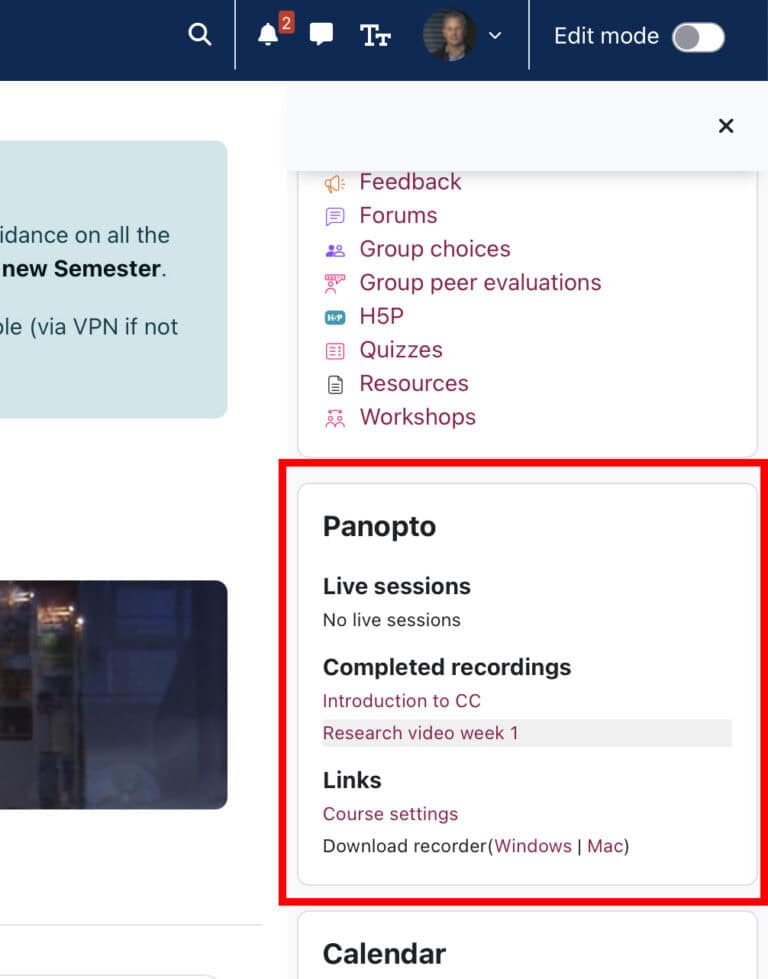 Panopto block in Block Drawer in Moodle