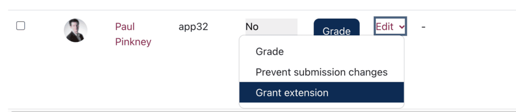 The Edit drop-down menu with Grant Extension highlighted.