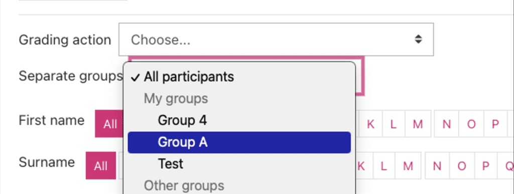 Filter by group for grading  from the Grading action drop-down  menu.