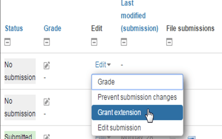 Option to grant an extension in Moodle assignment.