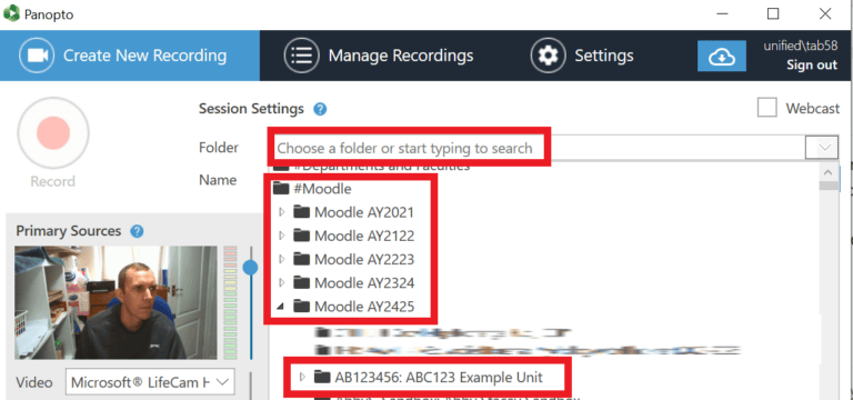 Search box and Moodle folder strucure in Panopto desktop recorder