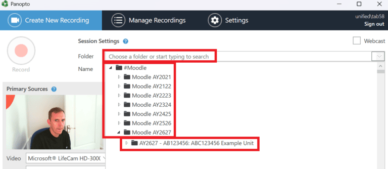 Search box and Moodle folder strucure in Panopto desktop recorder