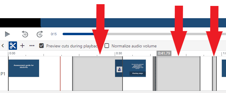 Panopto editing timeline with deleted sections highlighted to show they are greyed out.