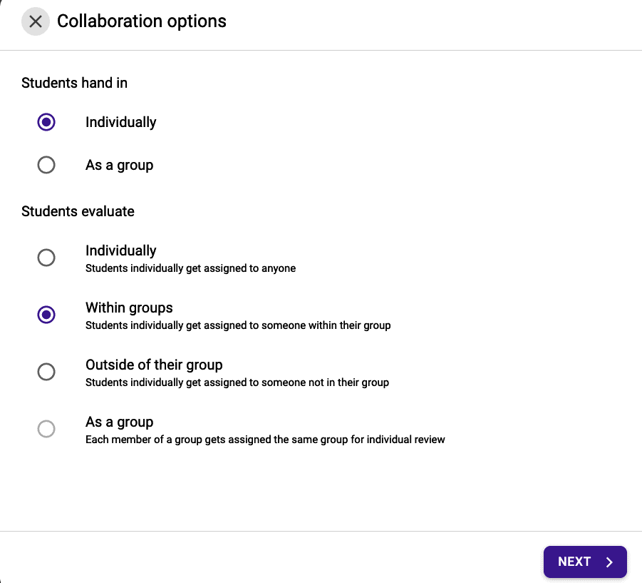 FeedbackFruits settings for working in groups.