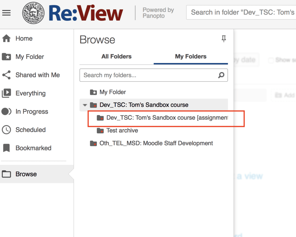 locating the new assignment folder in Review Panopto