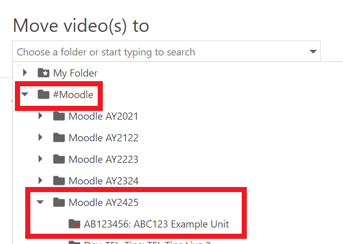 Moodle top-level folder, and Moodle AY2445 folder highlighted