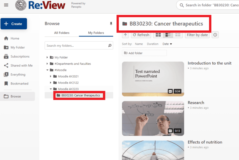 Re:View Moodle-linked folder with name of folder highlighted 'BB30230: Cancer therapeutics.'