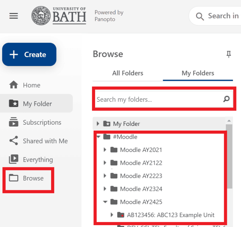 Search box and Moodle folder structure highlighted