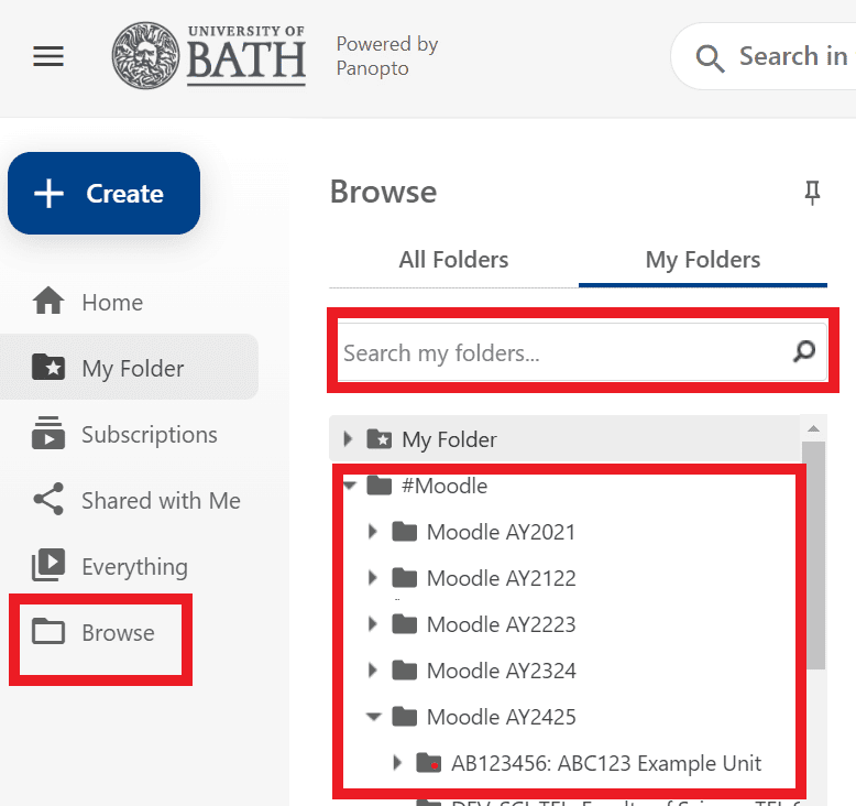 Search box and Moodle folder structure highlighted