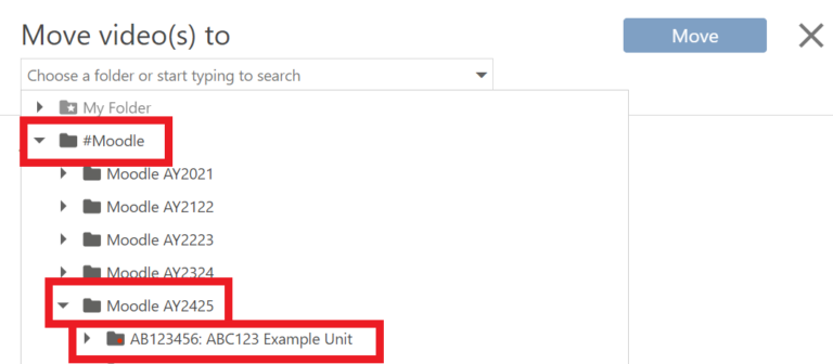 Moodle linked folder for AY2425 selected from menu