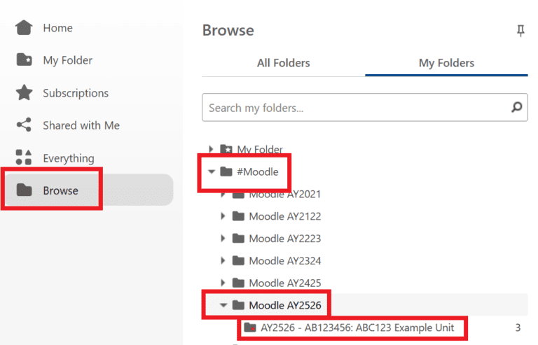 Screenshot showing AY2526 Moodle linked folder in browse menu
