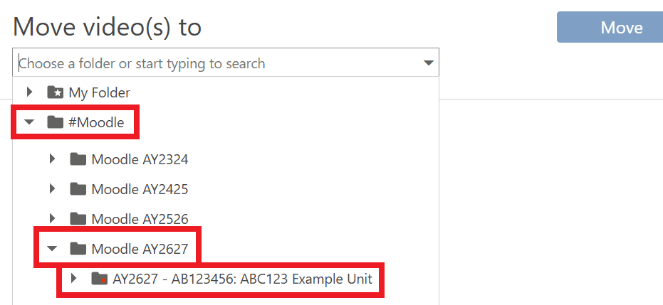 Moodle AY2627 folder highlighted in move menu
