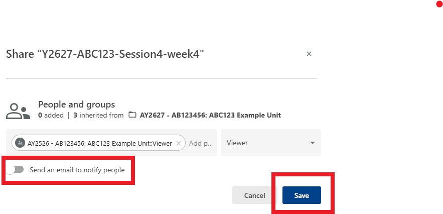 'Send an email to notify people' have been unticked, and the save button is highlighted.