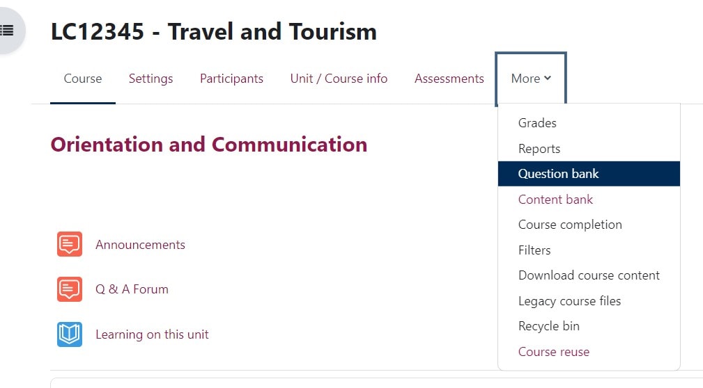 Moodle space landing page with the More tab expanded and "Question bank" selected.