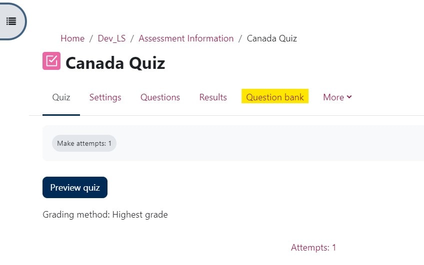 A Moodle Quiz activity with Question Bank highlighted
