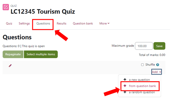 The Question tab in a Moodle quiz