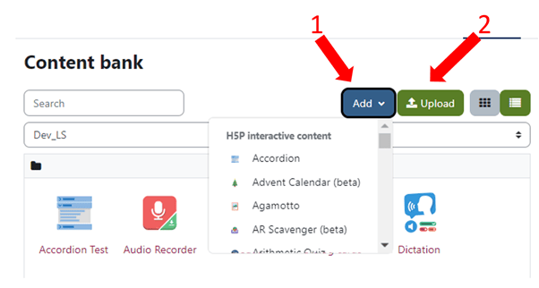The Moodle content bank screen, showing the Add and Upload button highlighted.