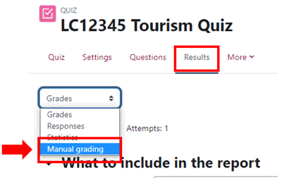 Results tab in a Moodle quiz.
