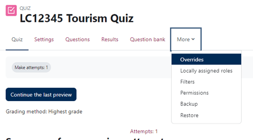 Moodle quiz More tab showing Overrides highlighted.