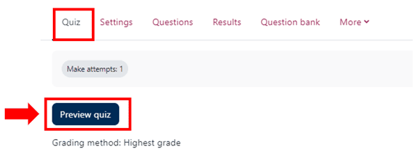 Preview Moodle quiz button.
