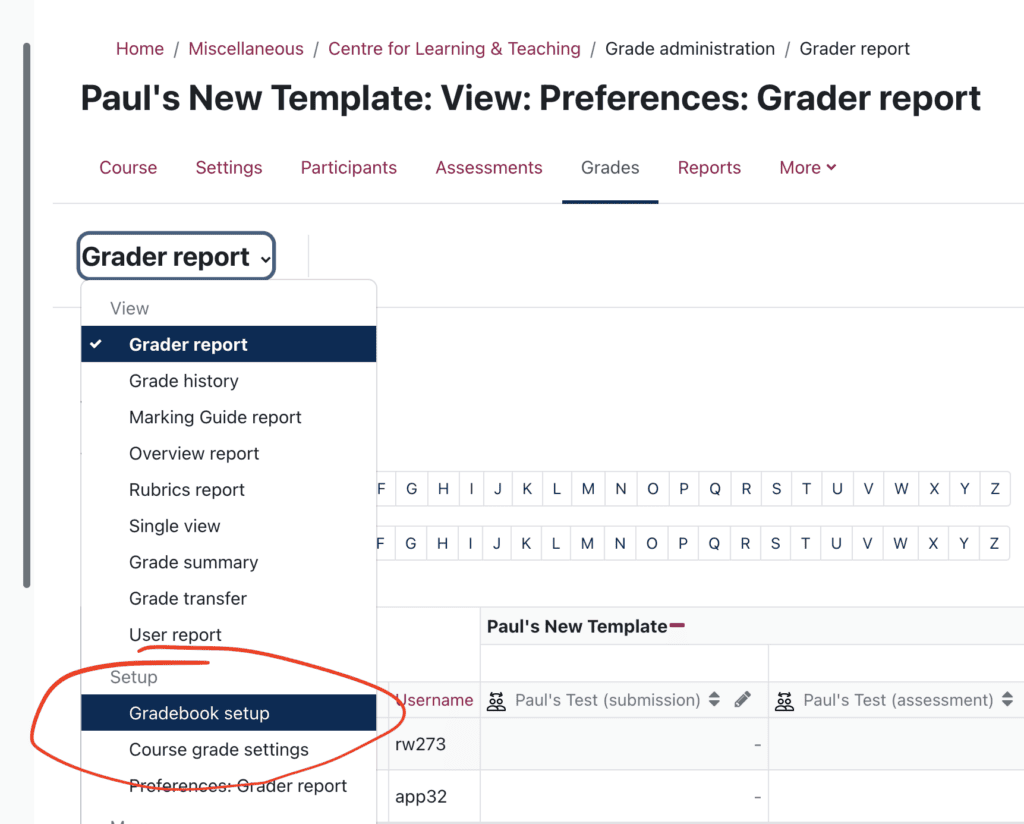 Image of Gradebook setup location