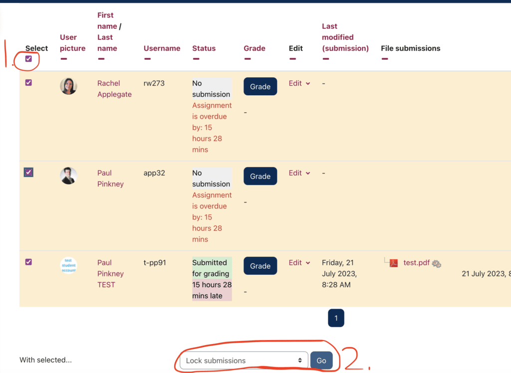 Grading table in Moodle, with Lock submissions highlighted.