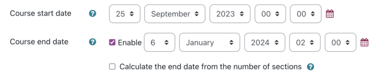 Image showing example of course start and course end dates.