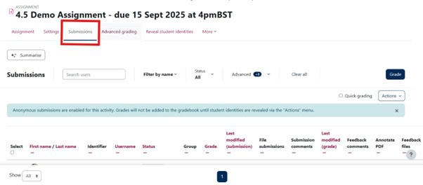 Image showing Submissions tab selected and Grading table displaying below
