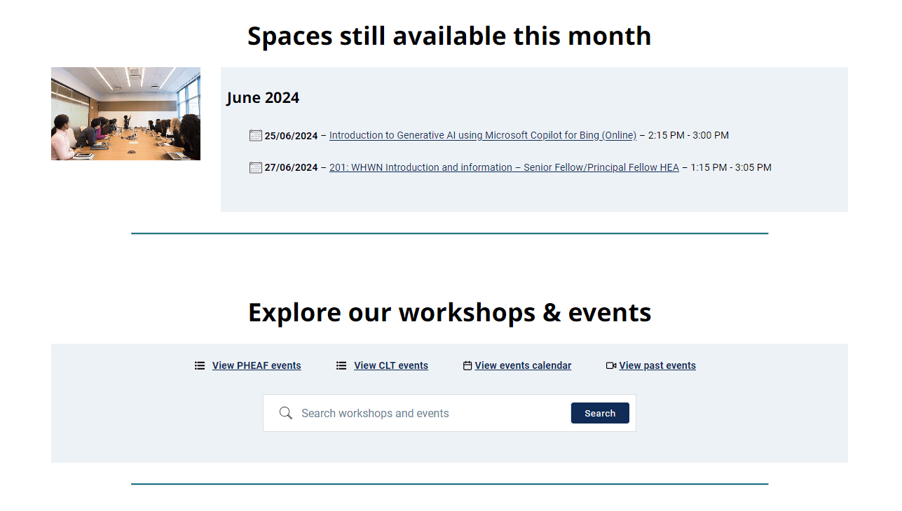 A screenshot from the events page in the teaching hub.