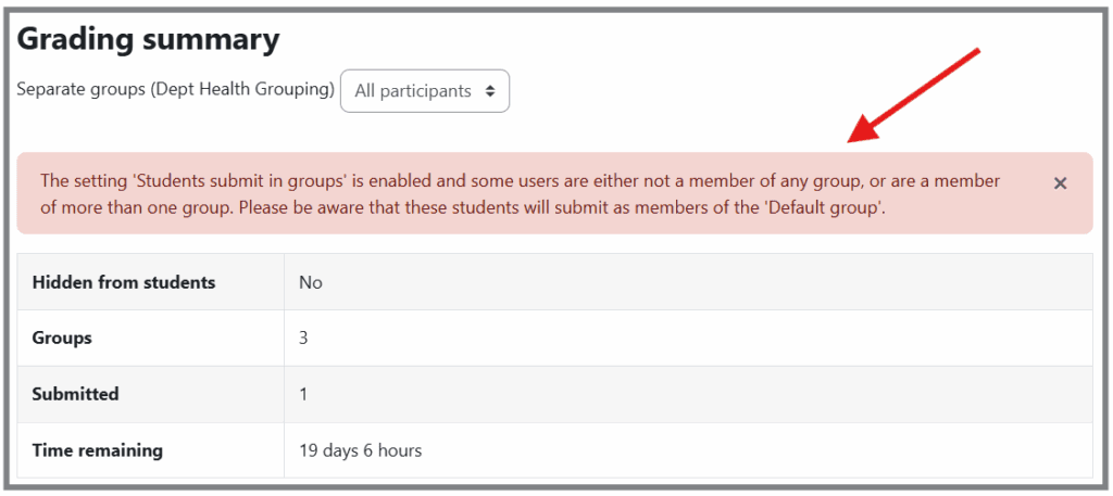 Grading summary in a group assignment with a warning message.