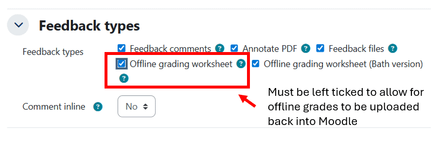 Screenshot of Feedback Types showing 'Offline grade worksheet' and all feedback type options enabled.