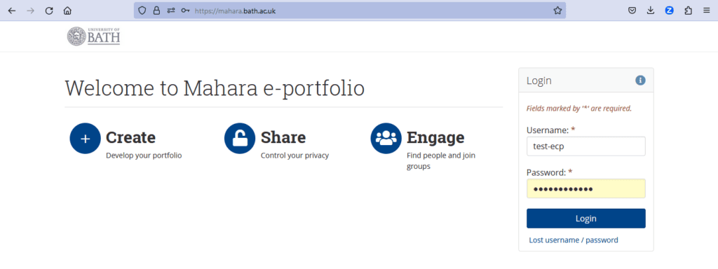 screenshot login box to access Mahara