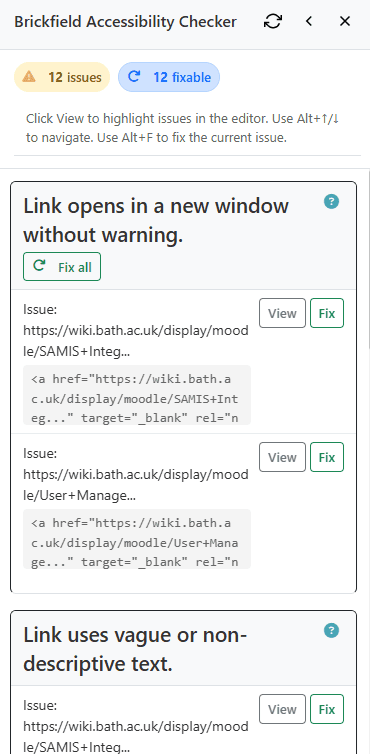 Brickfield accessibility checker displaying issues and suggested fixes