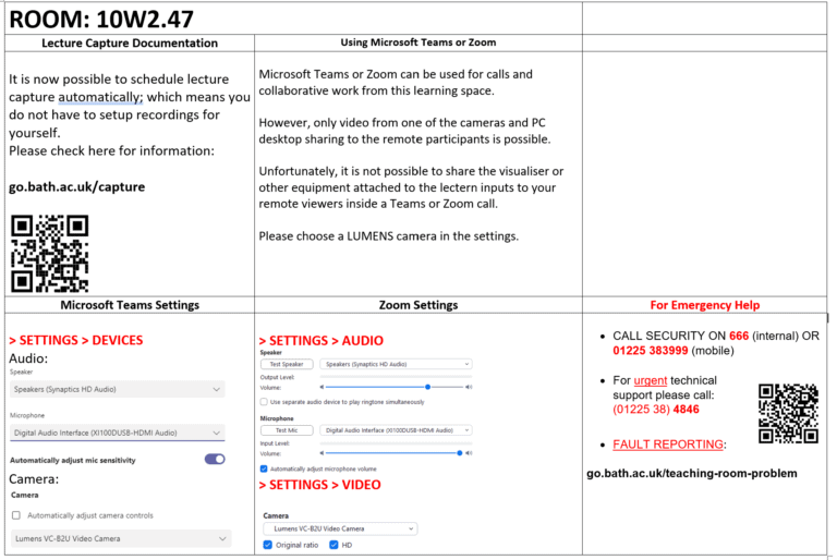 Room instructions sheet with guidance about cameras, microphones, and recommended settings.