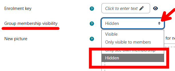 Moodle screenshot of Settings menu showing Group membership visibility dropdown and Hidden selected.