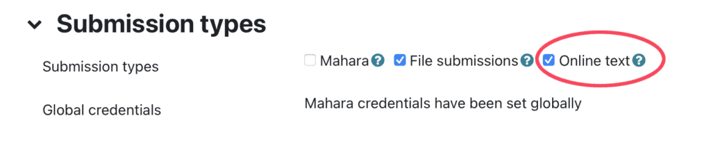 Moodle assignment settings showing online text option
