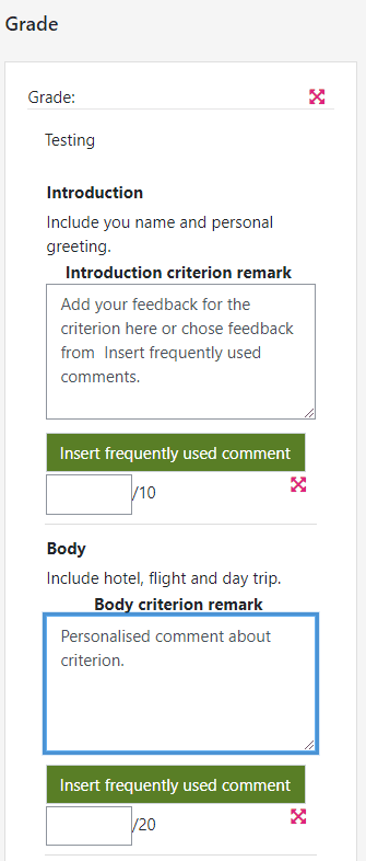 Example of Marking guide with criterion, comments and maximum mark.