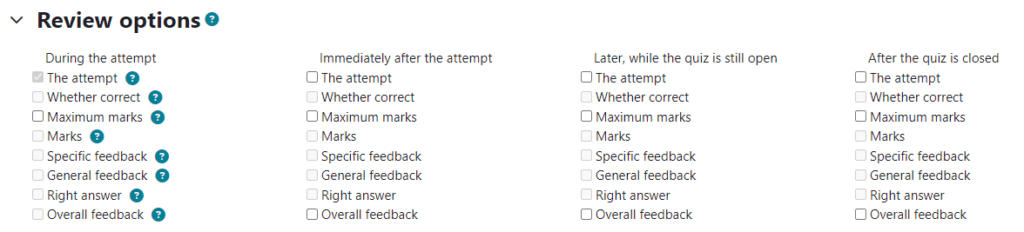 Moodle Review Options dialogue. All options are unchecked.