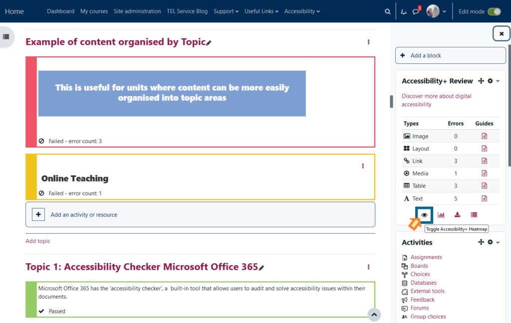 The heatmap turned on in a Moodle space, identifying any potential accessibility issues.