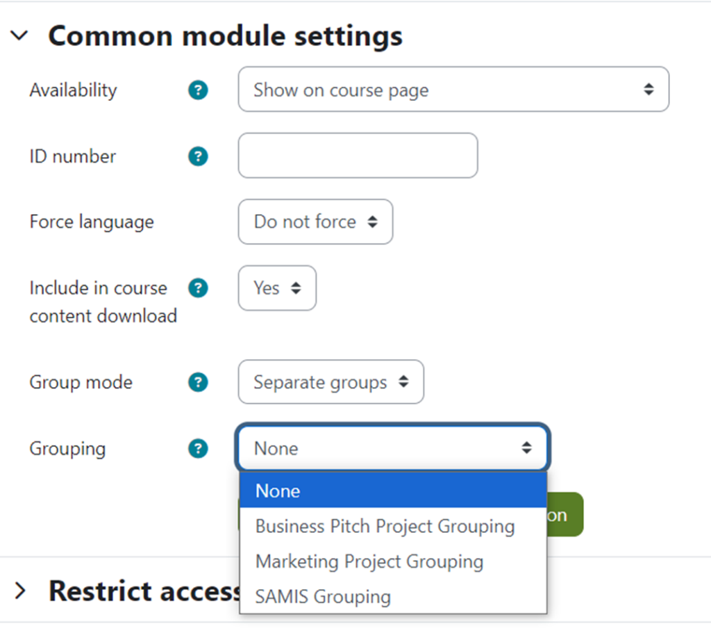 Screenshot of the common module settings.