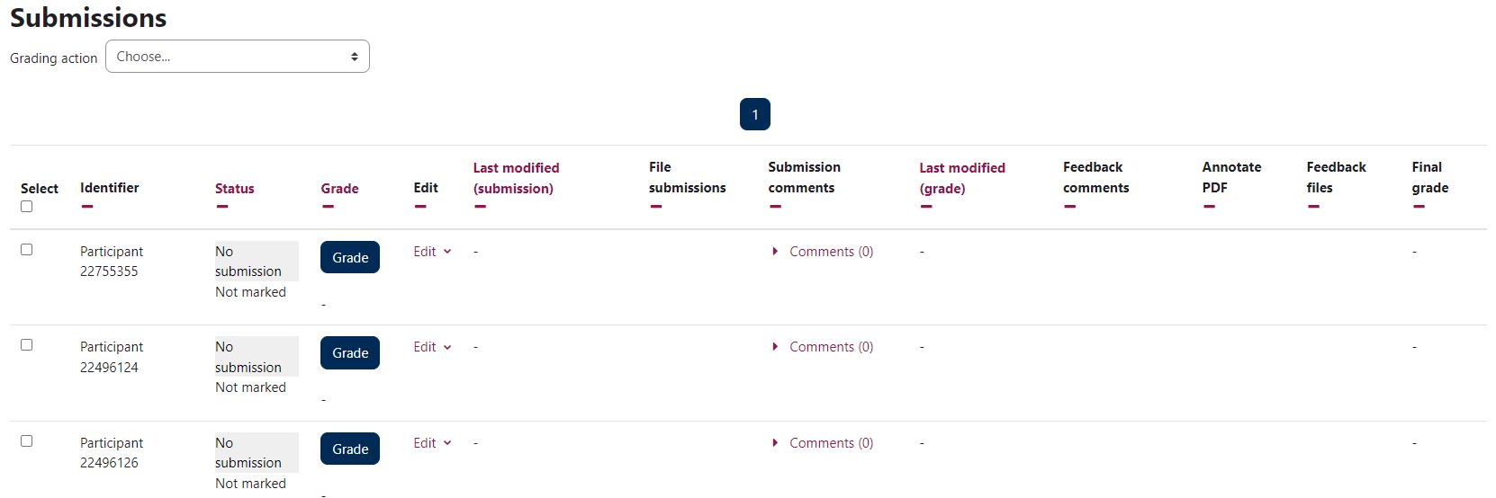 Screenshot showing submissions overview, with Participant IDs in the place of student names