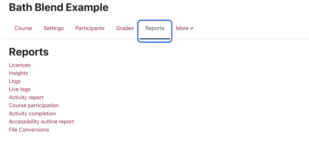 Moodle Reports tab.