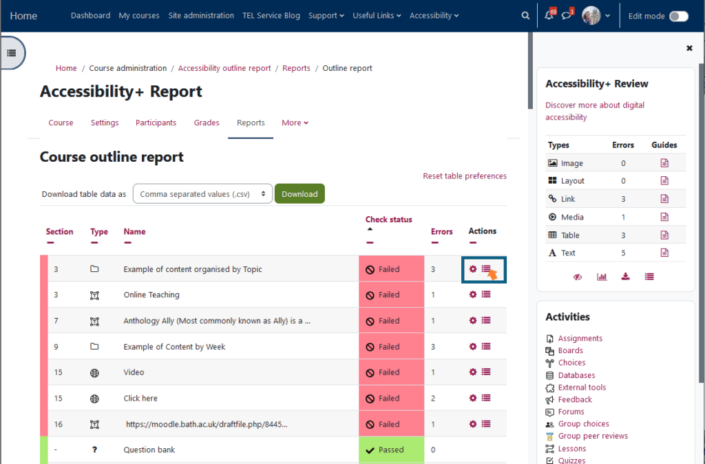 Screenshot of the course outline report, it highlights the sections that have errors in red